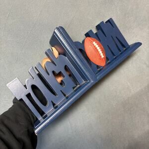 Touchdown Football Bookends Blue Wood Decor Kids Sports Room NFL Athletic Boy